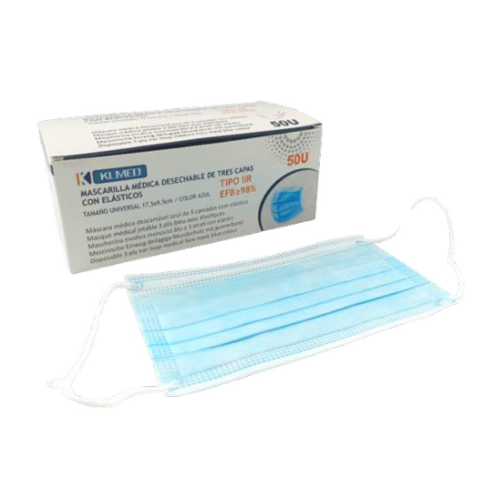 Mascarilla Médica IIR desechable de tres capas con elásticos. Caja de 50 ud - Azul